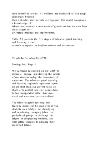 their identified talents. All students are motivated to face tough
challenges because
their aptitudes and interests are engaged. The model recognizes
a broad range of
talents and presents a continuum of growth so that students have
clear targets for
deliberate practice and improvement.
Table 2.1 presents the five stages of talent-targeted teaching
and learning, as well
as tools to support its implementation and assessment.
Te ach To De velop TalenT28
Moving Into Stage 1
We’ve begun refocusing on our WHY to
motivate, engage, and develop the talents
of our students today, the innovators of
tomorrow. The talent-targeted teaching
and learning approach represents a par-
adigm shift from our current focus on
short-term content and skill acquisition
(often manipulated rather than moti-
vated and measured on standardized
The talent-targeted teaching and
learning model can be used with at-risk
students as a catalyst for identifying
and developing emerging talent, in
grade-level groups to challenge the
talents of progressing students, and
with gifted students to advance their
identified talents.
 