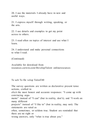 20. I use the materials I already have in new and
useful ways.
21. I express myself through writing, speaking, or
the arts.
22. I use details and examples to get my point
across to others.
23. I read often on topics of interest and use what I
learn.
24. I understand and make personal connections
to what I read.
(Continued)
Available for download from
resources.corwin.com/DevelopTalent onlineresources
Te ach To De velop TalenT40
The survey questions are written as declarative present tense
actions, crafted to
elicit the most honest and accurate responses: “I come up with
convincing argu-
ments” instead of “I can” (but in reality, don’t); and “I work on
many different
projects” instead of “I like to” (but in reality, may not). The
statements are rated as
often, sometimes, or seldom true. Student are reminded that
there are no right or
wrong answers, only “what is true about you.”
 