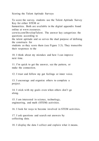 Scoring the Talent Aptitude Surveys
To score the survey, students use the Talent Aptitude Survey
Key for either STEM or
humanities. Both are available in the digital appendix found
online at www.resources.
corwin.com/DevelopTalent. The answer key categorizes the
questions according to
the talent aptitude and so serves the dual purpose of defining
the constructs for
students as they score them (see Figure 3.3). They transcribe
their responses to the
10. I think about my mistakes and how I can improve
next time.
11. I’m quick to get the answer, see the pattern, or
make the connection.
12. I trust and follow my gut feelings or inner voice.
13. I encourage and organize others to complete a
project.
14. I stick with my goals even when others don’t go
along.
15. I am interested in science, technology,
engineering, and math (STEM) activities.
16. I look for ways to become involved in STEM activities.
17. I ask questions and search out answers by
collecting data.
18. I display the data I collect and explain what it means.
 