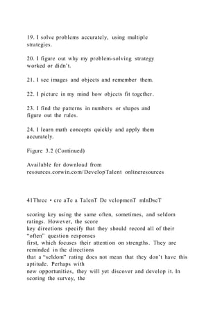 19. I solve problems accurately, using multiple
strategies.
20. I figure out why my problem-solving strategy
worked or didn’t.
21. I see images and objects and remember them.
22. I picture in my mind how objects fit together.
23. I find the patterns in numbers or shapes and
figure out the rules.
24. I learn math concepts quickly and apply them
accurately.
Figure 3.2 (Continued)
Available for download from
resources.corwin.com/DevelopTalent onlineresources
41Three • cre aTe a TalenT De velopmenT mInDseT
scoring key using the same often, sometimes, and seldom
ratings. However, the score
key directions specify that they should record all of their
“often” question responses
first, which focuses their attention on strengths. They are
reminded in the directions
that a “seldom” rating does not mean that they don’t have this
aptitude. Perhaps with
new opportunities, they will yet discover and develop it. In
scoring the survey, the
 