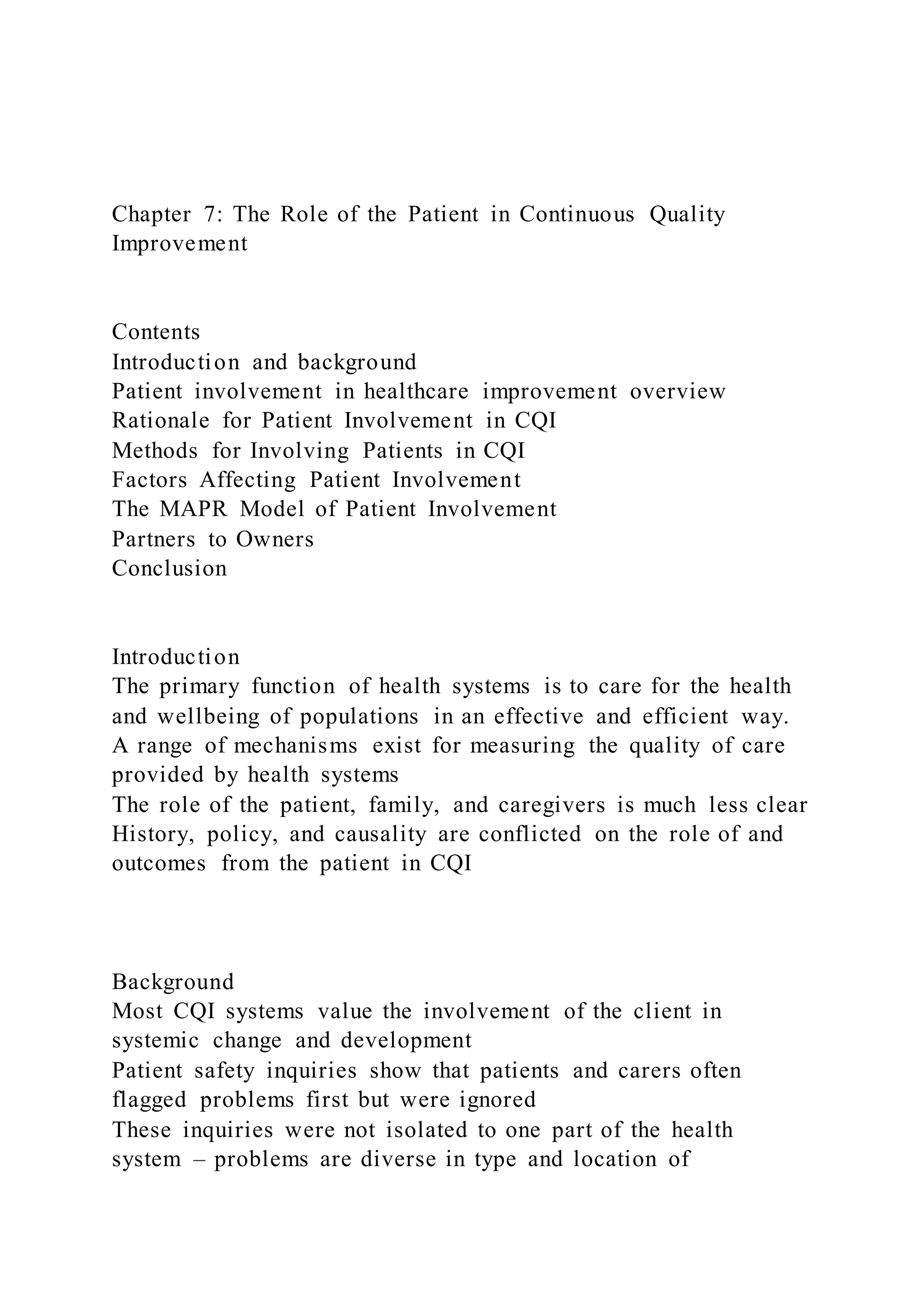 Chapter 7 The Role of the Patient in Continuous Quality Improve PDF