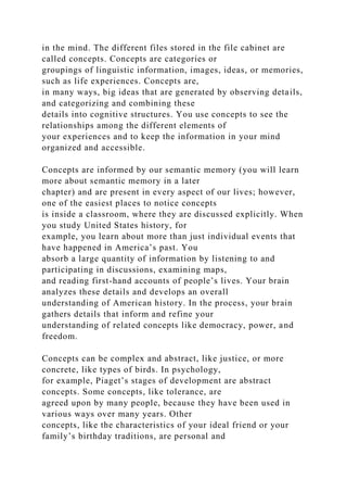 in the mind. The different files stored in the file cabinet are
called concepts. Concepts are categories or
groupings of linguistic information, images, ideas, or memories,
such as life experiences. Concepts are,
in many ways, big ideas that are generated by observing details,
and categorizing and combining these
details into cognitive structures. You use concepts to see the
relationships among the different elements of
your experiences and to keep the information in your mind
organized and accessible.
Concepts are informed by our semantic memory (you will learn
more about semantic memory in a later
chapter) and are present in every aspect of our lives; however,
one of the easiest places to notice concepts
is inside a classroom, where they are discussed explicitly. When
you study United States history, for
example, you learn about more than just individual events that
have happened in America’s past. You
absorb a large quantity of information by listening to and
participating in discussions, examining maps,
and reading first-hand accounts of people’s lives. Your brain
analyzes these details and develops an overall
understanding of American history. In the process, your brain
gathers details that inform and refine your
understanding of related concepts like democracy, power, and
freedom.
Concepts can be complex and abstract, like justice, or more
concrete, like types of birds. In psychology,
for example, Piaget’s stages of development are abstract
concepts. Some concepts, like tolerance, are
agreed upon by many people, because they have been used in
various ways over many years. Other
concepts, like the characteristics of your ideal friend or your
family’s birthday traditions, are personal and
 