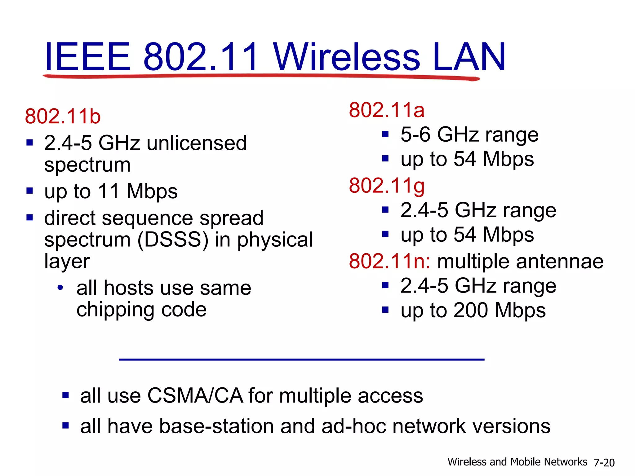 IEEE 802.11 Wireless LAN
802.11b
 2.4-5 GHz unlicensed
spectrum
 up to 11 Mbps
 direct sequence spread
spectrum (DSSS) in physical
layer
• all hosts use same
chipping code
802.11a
 5-6 GHz range
 up to 54 Mbps
802.11g
 2.4-5 GHz range
 up to 54 Mbps
802.11n: multiple antennae
 2.4-5 GHz range
 up to 200 Mbps
 all use CSMA/CA for multiple access
 all have base-station and ad-hoc network versions
7-20Wireless and Mobile Networks
 