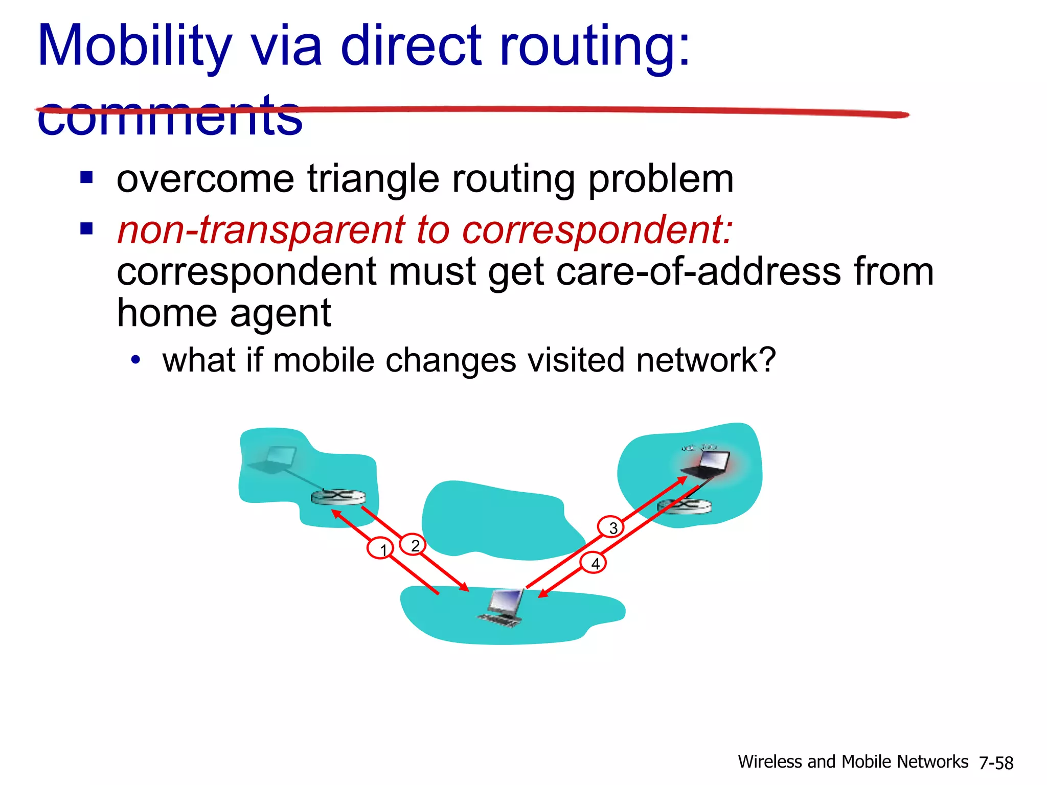 Mobility via direct routing:
comments
 overcome triangle routing problem
 non-transparent to correspondent:
correspondent must get care-of-address from
home agent
• what if mobile changes visited network?
1 2
3
4
7-58Wireless and Mobile Networks
 