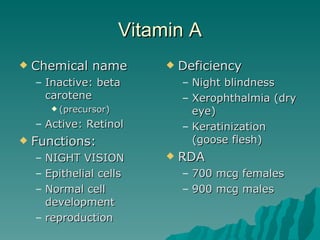 Vitamin A Chemical name Inactive: beta carotene (precursor) Active: Retinol Functions: NIGHT VISION Epithelial cells Normal cell development reproduction Deficiency Night blindness Xerophthalmia (dry eye) Keratinization (goose flesh) RDA 700 mcg females 900 mcg males 
