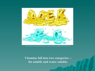 Vitamins fall into two categories— fat soluble and water soluble. ©2003 Wadsworth, a division of Thomson Learning, Inc.  Thomson Learning ™  is a trademark used herein under license. 