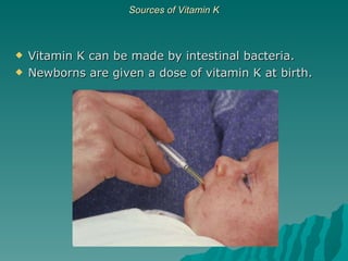 Sources of Vitamin K Vitamin K can be made by intestinal bacteria. Newborns are given a dose of vitamin K at birth. 