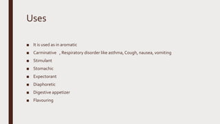 Uses
■ It is used as in aromatic
■ Carminative , Respiratory disorder like asthma,Cough, nausea, vomiting
■ Stimulant
■ Stomachic
■ Expectorant
■ Diaphoretic
■ Digestive appetizer
■ Flavouring
 