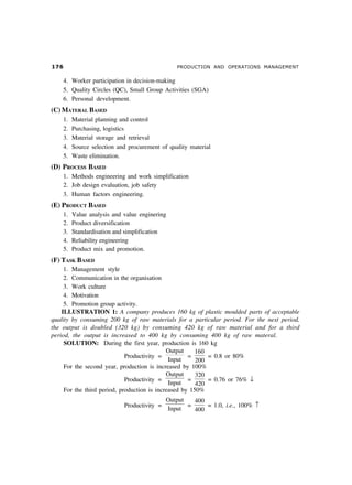 %$ PRODUCTION AND OPERATIONS MANAGEMENT
4. Worker participation in decision-making
5. Quality Circles (QC), Small Group Activities (SGA)
6. Personal development.
(C) MATERAL BASED
1. Material planning and control
2. Purchasing, logistics
3. Material storage and retrieval
4. Source selection and procurement of quality material
5. Waste elimination.
(D) PROCESS BASED
1. Methods engineering and work simplification
2. Job design evaluation, job safety
3. Human factors engineering.
(E) PRODUCT BASED
1. Value analysis and value enginering
2. Product diversification
3. Standardisation and simplification
4. Reliability engineering
5. Product mix and promotion.
(F) TASK BASED
1. Management style
2. Communication in the organisation
3. Work culture
4. Motivation
5. Promotion group activity.
ILLUSTRATION 1: A company produces 160 kg of plastic moulded parts of acceptable
quality by consuming 200 kg of raw materials for a particular period. For the next period,
the output is doubled (320 kg) by consuming 420 kg of raw material and for a third
period, the output is increased to 400 kg by consuming 400 kg of raw materal.
SOLUTION: During the first year, production is 160 kg
Productivity =
Output
Input
=
160
200
= 0.8 or 80%
For the second year, production is increased by 100%
Productivity =
Output
Input
=
320
420
= 0.76 or 76% ↓
For the third period, production is increased by 150%
Productivity =
Output
Input
=
400
400
= 1.0, i.e., 100% ↑
 