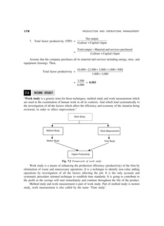 % PRODUCTION AND OPERATIONS MANAGEMENT
7. Total factor productivity (TFP) =
Net output
(Labour + Capital) Input
=
Total output Material and services purchased
(Labour + Capital) Input
−
Assume that the company purchases all its material and services including energy, misc. and
equipment (leasing). Then,
Total factor productivity =
10,000 − + + +
+
2 000 3 000 1 000 500
3 000 3 000
, , ,
, ,
 C
=
3 500
6 000
,
,
= 0.583
7.3 WORK STUDY
“Work study is a generic term for those techniques, method study and work measurement which
are used in the examination of human work in all its contexts. And which lead systematically to
the investigation of all the factors which affect the efficiency and economy of the situation being
reviewed, in order to effect improvement.”
Fig. 7.2 Framework of work study
Work study is a means of enhancing the production efficiency (productivity) of the firm by
elimination of waste and unnecessary operations. It is a technique to identify non-value adding
operations by investigation of all the factors affecting the job. It is the only accurate and
systematic procedure oriented technique to establish time standards. It is going to contribute to
the profit as the savings will start immediately and continue throughout the life of the product.
Method study and work measurement is part of work study. Part of method study is motion
study, work measurement is also called by the name ‘Time study’.
 