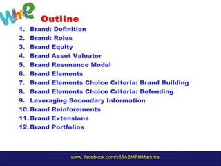 www. facebook.com/v65ASMPHMarkma
Outline
1. Brand: Definition
2. Brand: Roles
3. Brand Equity
4. Brand Asset Valuator
5. Brand Resonance Model
6. Brand Elements
7. Brand Elements Choice Criteria: Brand Building
8. Brand Elements Choice Criteria: Defending
9. Leveraging Secondary Information
10.Brand Reinforements
11.Brand Extensions
12.Brand Portfolios
 