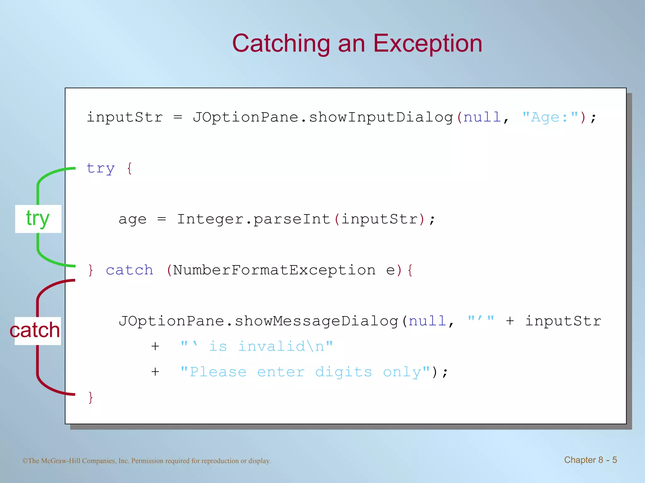 Catching an Exception inputStr = JOptionPane.showInputDialog ( null ,  &quot;Age:&quot; ) ; try   { age = Integer.parseInt ( inputStr ) ; }   catch   ( NumberFormatException e ){ JOptionPane.showMessageDialog( null ,  &quot;’&quot;  + inputStr  +  &quot;‘ is invalid\n&quot;   +  &quot;Please enter digits only&quot; ); } try catch 