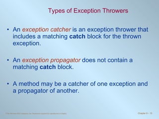 Types of Exception Throwers An  exception catcher  is an exception thrower that includes a matching  catch  block for the thrown exception. An  exception propagator  does not contain a matching  catch  block. A method may be a catcher of one exception and a propagator of another. 