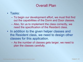 Overall Plan Tasks: To begin our development effort, we must first find out the capabilities of the  Dorm  and  Door  classes.  Also, for us to implement the class correctly, we need the specification of the  Resident  class. In addition to the given helper classes and the Resident class, we need to design other classes for this application.  As the number of classes gets larger, we need to plan the classes carefully. 