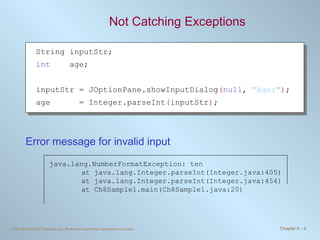 Not Catching Exceptions Error message for invalid input String inputStr; int   age; inputStr = JOptionPane.showInputDialog ( null ,  &quot;Age:&quot; ) ; age  = Integer.parseInt ( inputStr ) ; java.lang.NumberFormatException: ten at java.lang.Integer.parseInt(Integer.java:405) at java.lang.Integer.parseInt(Integer.java:454) at Ch8Sample1.main(Ch8Sample1.java:20) 