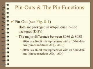 Pin-Outs & The Pin Functions Pin-Out (see  Fig. 8-1 ) Both are packeged in 40-pin dual in-line packeges (DIPs) The major difference between 8086 & 8088 8086 is a 16-bit microprocessor with a 16-bit data bus (pin connections AD 0  - AD 15 ) 8088 is a 16-bit microprocessor with an 8-bit data bus (pin connections AD 0  - AD 7 ) 