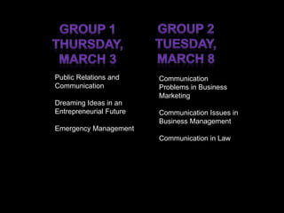 Communication Problems in Business Marketing Communication Issues in Business Management Communication in Law Public Relations and Communication Dreaming Ideas in an Entrepreneurial Future Emergency Management 