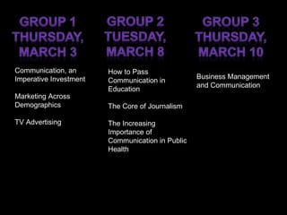 How to Pass Communication in Education The Core of Journalism The Increasing Importance of Communication in Public Health Communication, an Imperative Investment Marketing Across Demographics TV Advertising Business Management and Communication 