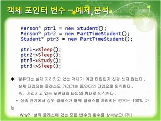 ◆  컴퓨터는 실제 가리키고 있는 객체가 어떤 타입인지 신경 쓰지 않는다 . 실제 대입되는 클래스도 가리키는 포인터의 타입으로 인식한다 . 즉 ,  가리키고 있는 포인터의 타입의 형태로 인식한다 . *  상속 관계에서 상위 클래스가 하위 클래스를 가리키는 경우는  100%  가능 Why?  상위 클래스에 있는 모든 변수와 함수를 상속받으니까 ! 