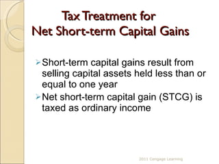 Tax Treatment for  Net Short-term Capital Gains Short-term capital gains result from selling capital assets held less than or equal to one year Net short-term capital gain (STCG) is taxed as ordinary income  2011 Cengage Learning 