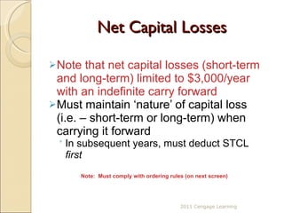 Net Capital Losses Note that net capital losses (short-term and long-term) limited to $3,000/year with an indefinite carry forward   Must maintain ‘nature’ of capital loss (i.e. – short-term or long-term) when carrying it forward In subsequent years, must deduct STCL  first Note:  Must comply with ordering rules (on next screen) 2011 Cengage Learning 