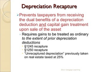 Depreciation Recapture Prevents taxpayers from receiving the dual benefits of a depreciation deduction  and  capital gain treatment upon sale of the asset Requires gains to be treated as ordinary  to the extent of prior depreciation deductions §1245 recapture §1250 recapture “ Unrecaptured depreciation” previously taken on real estate taxed at 25% 2011 Cengage Learning 