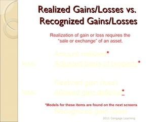 Realized Gains/Losses vs.  Recognized Gains/Losses Amount realized * less: Adjusted basis of property *   Realized gain (loss) less: Allowed gain deferral *   Recognized gain (loss ) *Models for these items are found on the next screens Realization of gain or loss requires the  “ sale or exchange” of an asset. 2011 Cengage Learning 
