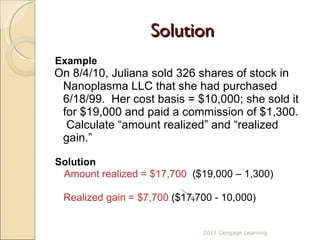 Solution Example On 8/4/10, Juliana sold 326 shares of stock in Nanoplasma LLC that she had purchased 6/18/99.  Her cost basis = $10,000; she sold it for $19,000 and paid a commission of $1,300.  Calculate “amount realized” and “realized gain.” Solution Amount realized = $17,700   ($19,000 – 1,300) Realized gain = $7,700  ($17,700 - 10,000) 2011 Cengage Learning 