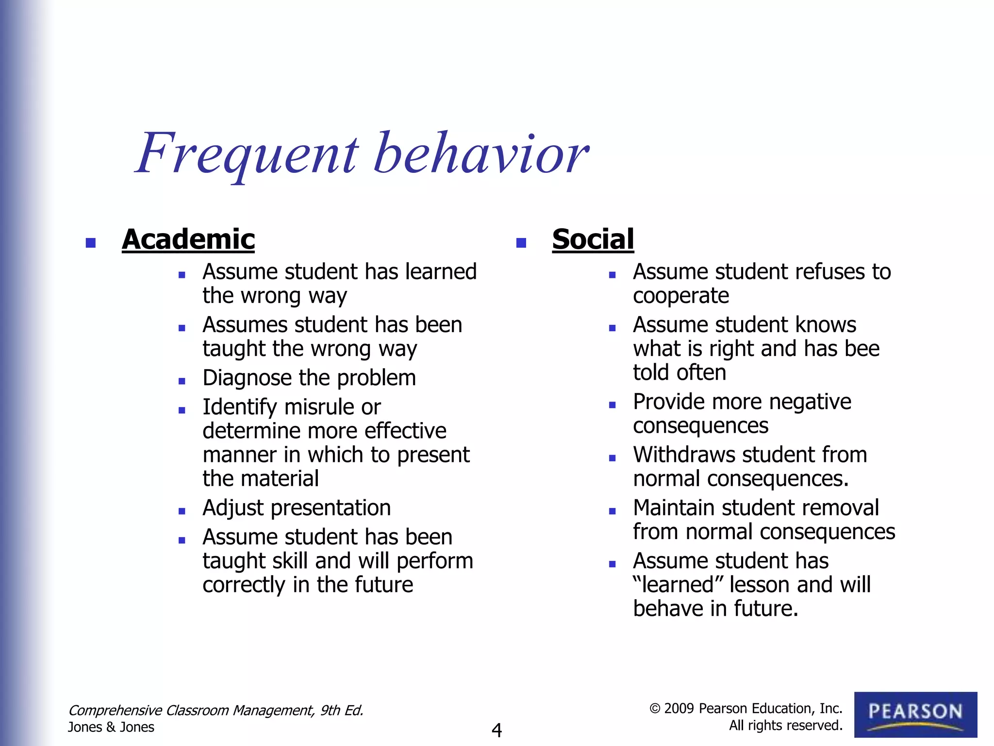 Frequent behavior
       Academic                                           Social
                   Assume student has learned                     Assume student refuses to
                    the wrong way                                   cooperate
                   Assumes student has been                       Assume student knows
                    taught the wrong way                            what is right and has bee
                   Diagnose the problem                            told often
                   Identify misrule or                            Provide more negative
                    determine more effective                        consequences
                    manner in which to present                     Withdraws student from
                    the material                                    normal consequences.
                   Adjust presentation                            Maintain student removal
                   Assume student has been                         from normal consequences
                    taught skill and will perform                  Assume student has
                    correctly in the future                         “learned” lesson and will
                                                                    behave in future.



Comprehensive Classroom Management, 9th Ed.                          © 2009 Pearson Education, Inc.
                                                                                 All rights reserved.
Jones & Jones                                       4
 