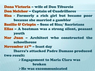 Dona Victoria – wife of Don Tiburcio
Don Melchor – Captain of Cuadrillores
Sisa - Formerly a rich girl but became poor
because she married a gambler
Basilio & Crispin – Sons of Sisa/ Sacristans
Elias – A boatman was a strong silent, peasant
youth
Nor Juan – Architect who constructed the
schoolhouse
November 11th – feast day
Ibarra’s attacked Padre Damaso produced
two result:
Engagement to Maria Clara was
broken
He was excommunicated

 