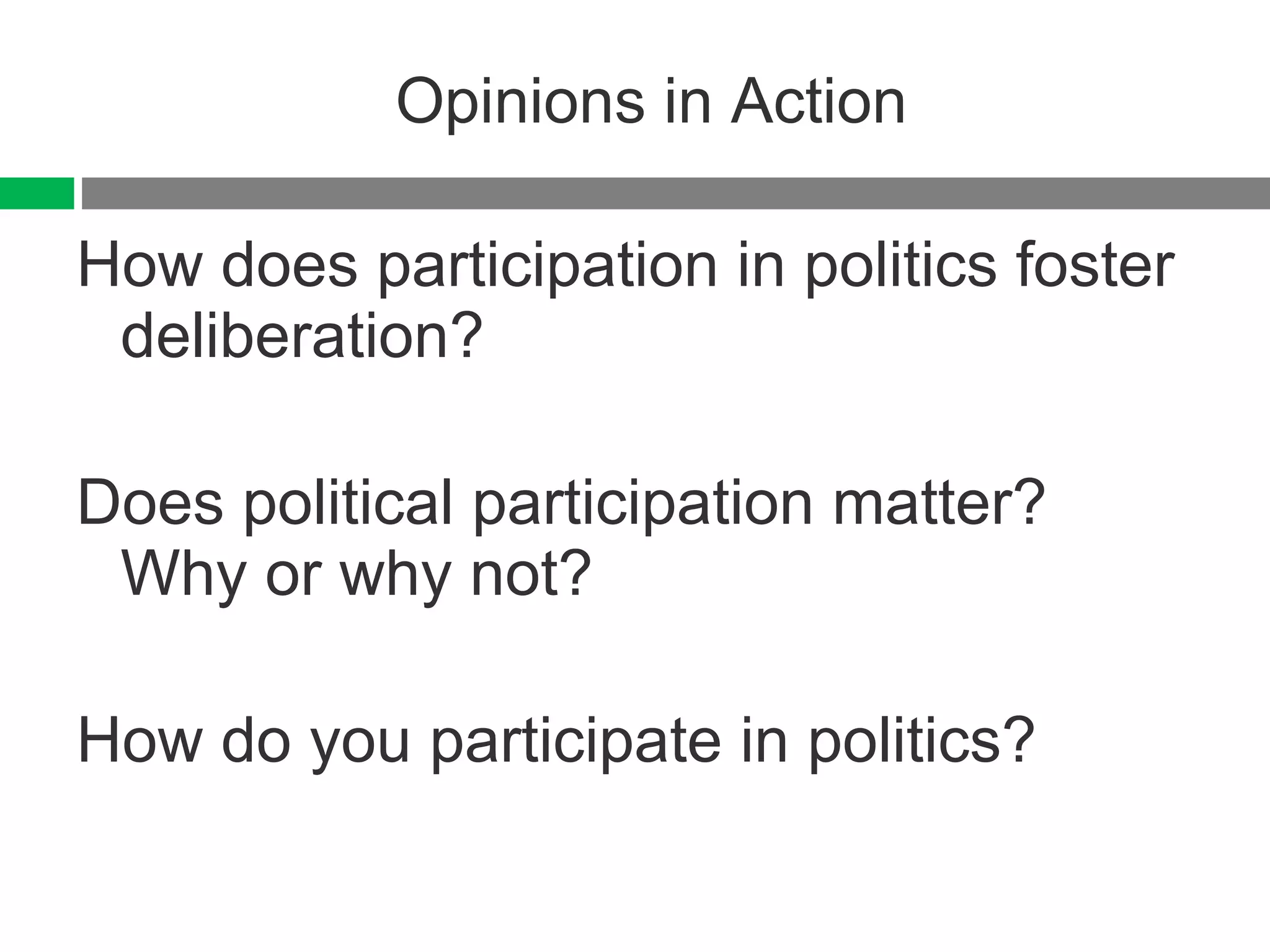 Opinions in Action How does participation in politics foster deliberation? Does political participation matter?  Why or why not? How do you participate in politics? 