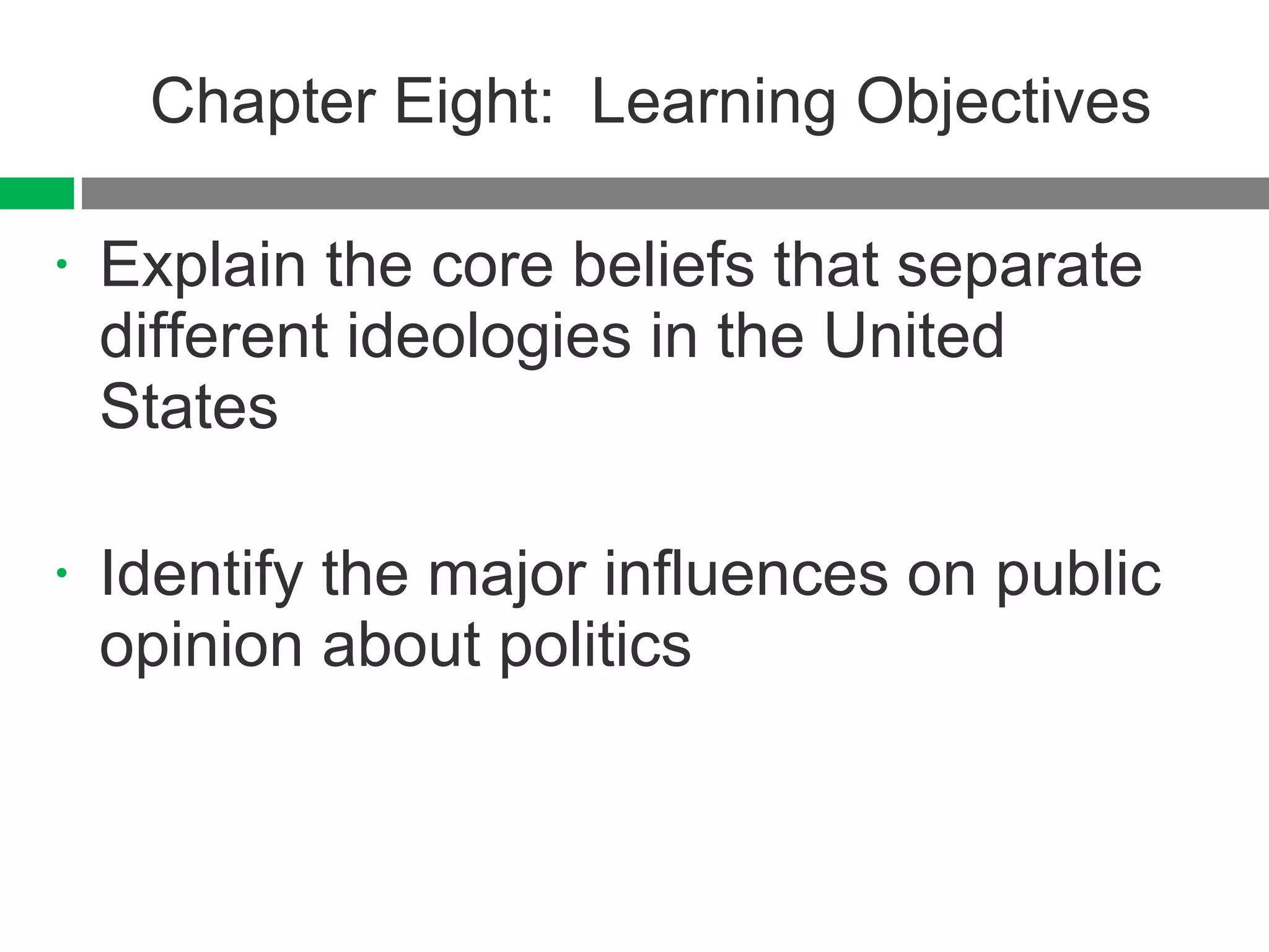 Chapter Eight:  Learning Objectives Explain the core beliefs that separate different ideologies in the United States Identify the major influences on public opinion about politics 