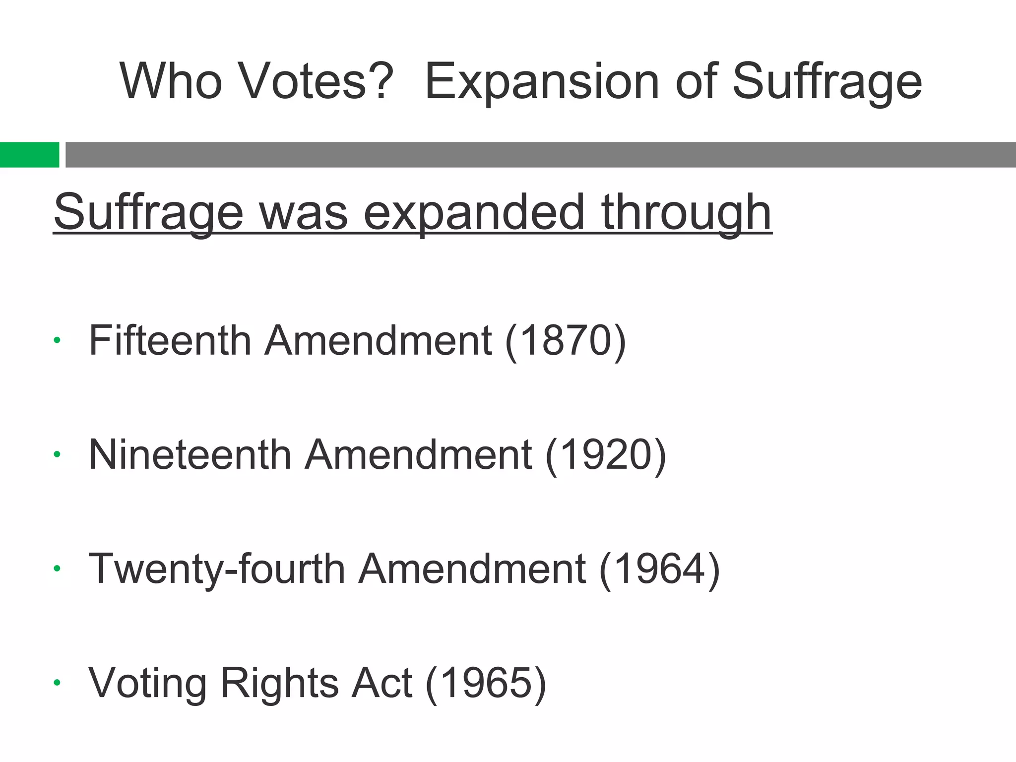 Who Votes?  Expansion of Suffrage Suffrage was expanded through Fifteenth Amendment (1870) Nineteenth Amendment (1920) Twenty-fourth Amendment (1964) Voting Rights Act (1965) 