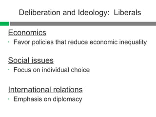Deliberation and Ideology:  Liberals Economics Favor policies that reduce economic inequality Social issues Focus on individual choice International relations Emphasis on diplomacy 