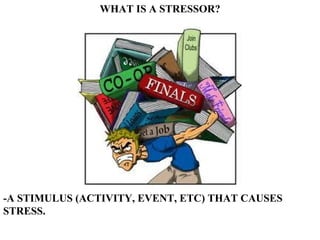 WHAT IS A STRESSOR? -A STIMULUS (ACTIVITY, EVENT, ETC) THAT CAUSES STRESS. 
