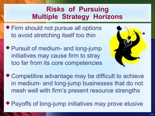 8-12
Risks of Pursuing
Multiple Strategy Horizons
 Firm should not pursue all options
to avoid stretching itself too thin
 Pursuit of medium- and long-jump
initiatives may cause firm to stray
too far from its core competencies
 Competitive advantage may be difficult to achieve
in medium- and long-jump businesses that do not
mesh well with firm’s present resource strengths
 Payoffs of long-jump initiatives may prove elusive
 