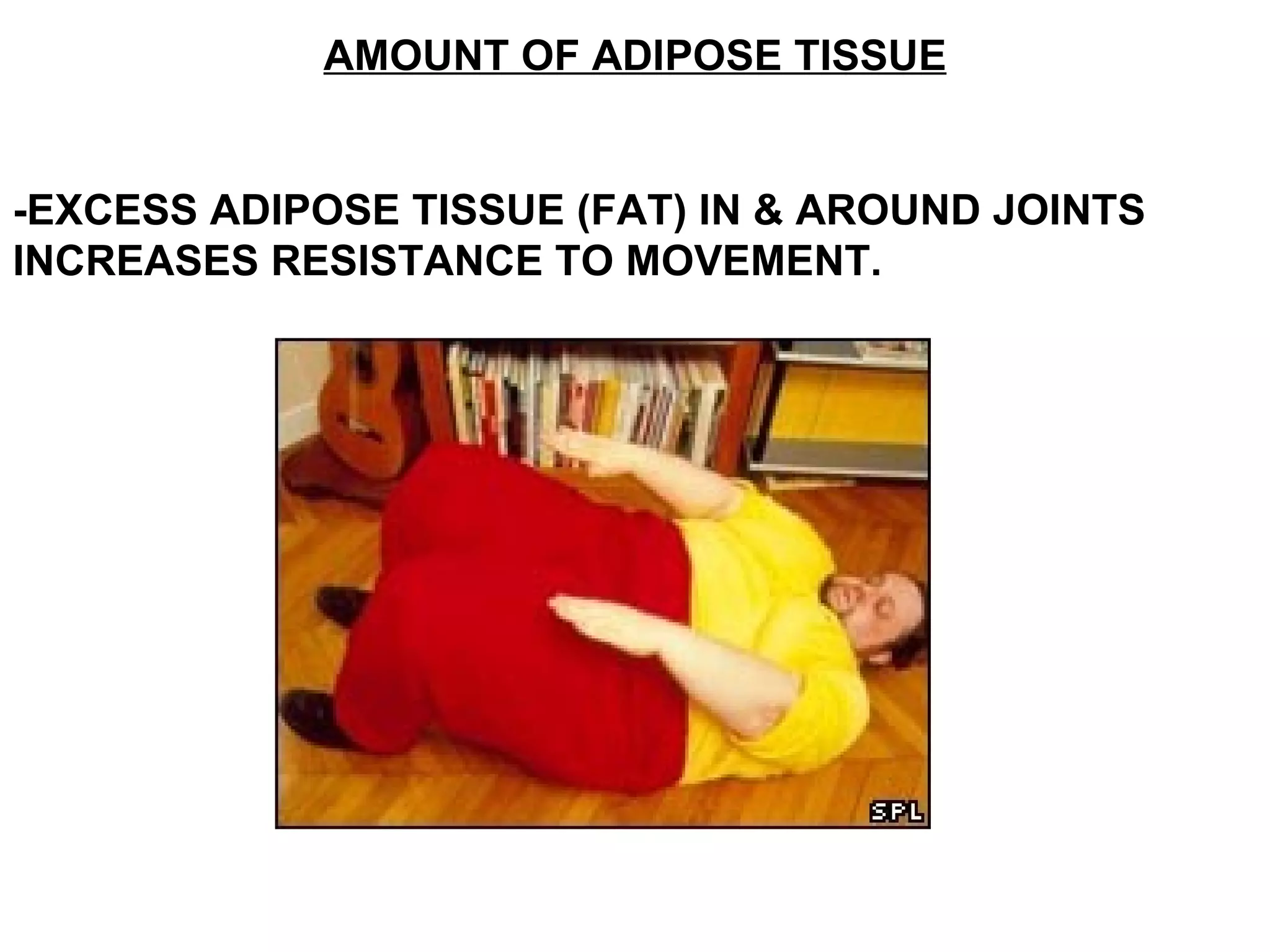AMOUNT OF ADIPOSE TISSUE


-EXCESS ADIPOSE TISSUE (FAT) IN & AROUND JOINTS
INCREASES RESISTANCE TO MOVEMENT.
 