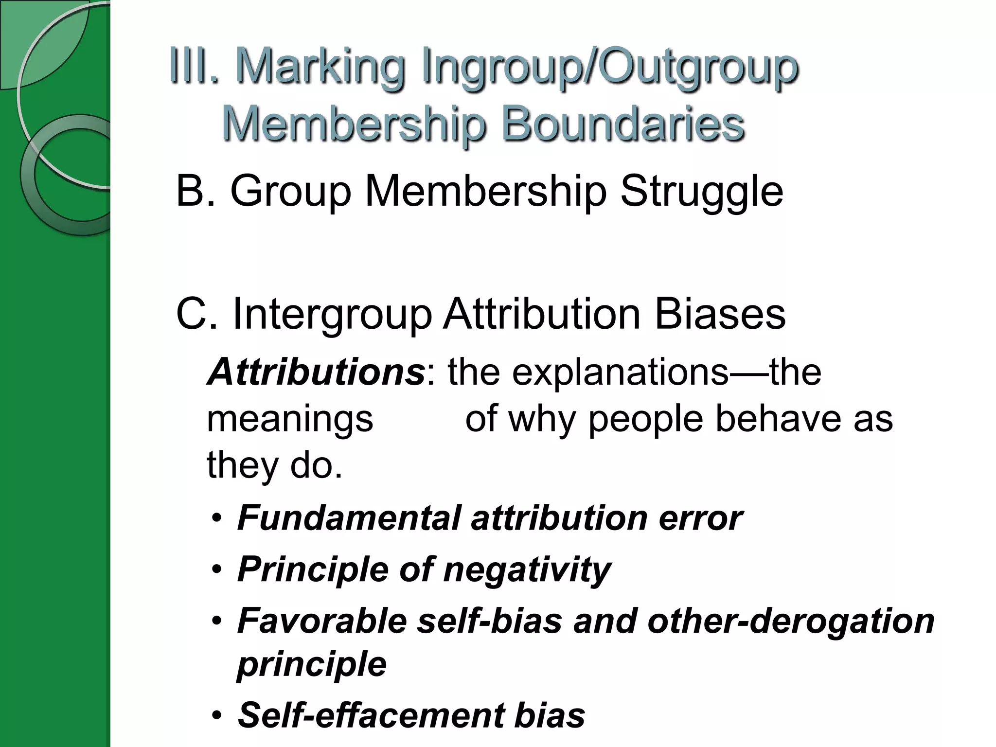 III. Marking Ingroup/Outgroup
    Membership Boundaries
B. Group Membership Struggle

C. Intergroup Attribution Biases
 Attributions: the explanations—the
 meanings       of why people behave as
 they do.
  • Fundamental attribution error
  • Principle of negativity
  • Favorable self-bias and other-derogation
    principle
  • Self-effacement bias
 