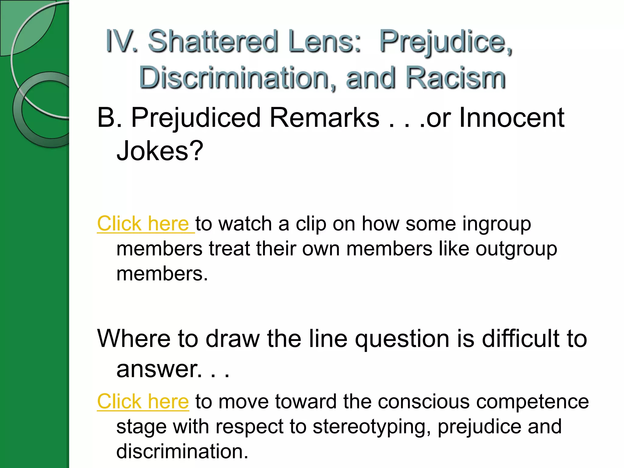 IV. Shattered Lens: Prejudice,
   Discrimination, and Racism
B. Prejudiced Remarks . . .or Innocent
 Jokes?

Click here to watch a clip on how some ingroup
  members treat their own members like outgroup
  members.


Where to draw the line question is difficult to
 answer. . .
Click here to move toward the conscious competence
  stage with respect to stereotyping, prejudice and
  discrimination.
 