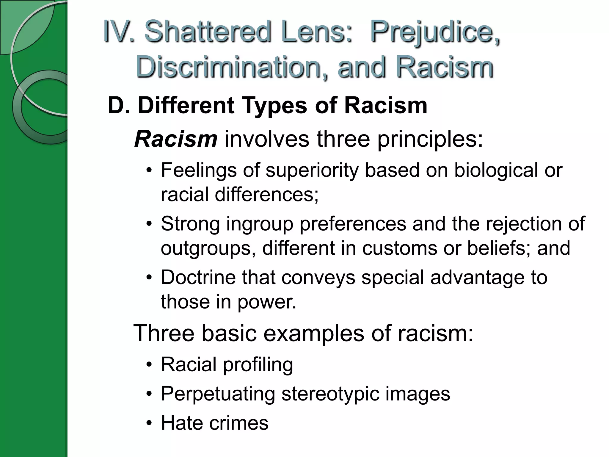 IV. Shattered Lens: Prejudice,
   Discrimination, and Racism
D. Different Types of Racism
  Racism involves three principles:
   • Feelings of superiority based on biological or
     racial differences;
   • Strong ingroup preferences and the rejection of
     outgroups, different in customs or beliefs; and
   • Doctrine that conveys special advantage to
     those in power.
  Three basic examples of racism:
   • Racial profiling
   • Perpetuating stereotypic images
   • Hate crimes
 