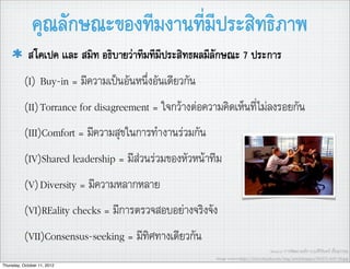 คุณลักษณะของทีมงานที่มีประสิทธิภาพ
            สโคเปค และ สมิท อธิบายวาทีมทีมีประสิทธผลมีลักษณะ 7 ประการ
           (I) Buy-in = มีความเปนอันหนึ่งอันเดียวกัน
           (II)Torrance for disagreement = ใจกวางตอความคิดเห็นที่ไมลงรอยกัน
           (III)Comfort = มีความสุขในการทำงานรวมกัน
           (IV)Shared leadership = มีสวนรวมของหัวหนาทีม
           (V)Diversity = มีความหลากหลาย
           (VI)REality checks = มีการตรวจสอบอยางจริงจัง
           (VII)Consensus-seeking = มีทิศทางเดียวกัน
                                                                                     Source: การพัฒนาองคการ,อ.ศิริจันทร เชื้อสุวรรณ
                                                        Image source:http://www.buzzle.com/img/articleImages/490272-4241-55.jpg
Thursday, October 11, 2012
 