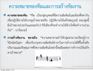 ความหมายของทีมและการสรางทีมงาน
            ความหมายของทีม: “ทีม เปนกลุมบุคคลที่มีความสัมพันธและตองพึ่งพากัน
            เพื่อปฏิบัติงานใหบรรลุเปาหมายหรือ ปฏิบัติงานใหเสร็จสมบูรณ คนกลุมนี้
            มีเปาหมายรวมกันแะยอมรับวาวิธีเดียวที่จะทำงานใหสำเร็จคือทำงานรวม
            กัน” - ปารคเกอร
            การสรางทีมงาน หมายถึง: “ความพยายามทำใหกลุมสามารถเรียนรูการ
            วินิจฉัยปญหา เพื่อปรับปรุงความสัมพันธตางๆในการทำงานไดดีขึ้นทั้งเชิง
            ปริมาณและเชิงคุณภาพซึ่งความสัมพันธเหลานี้จะมีผลตอการทำงานใหเสร็จ
            ตาเปาหมาย”


                                                                                     Source: การพัฒนาองคการ,อ.ศิริจันทร เชื้อสุวรรณ
                                                        Image source:http://farm4.staticﬂickr.com/3266/3096195278_3fba8ea2b1.jpg
Thursday, October 11, 2012
 