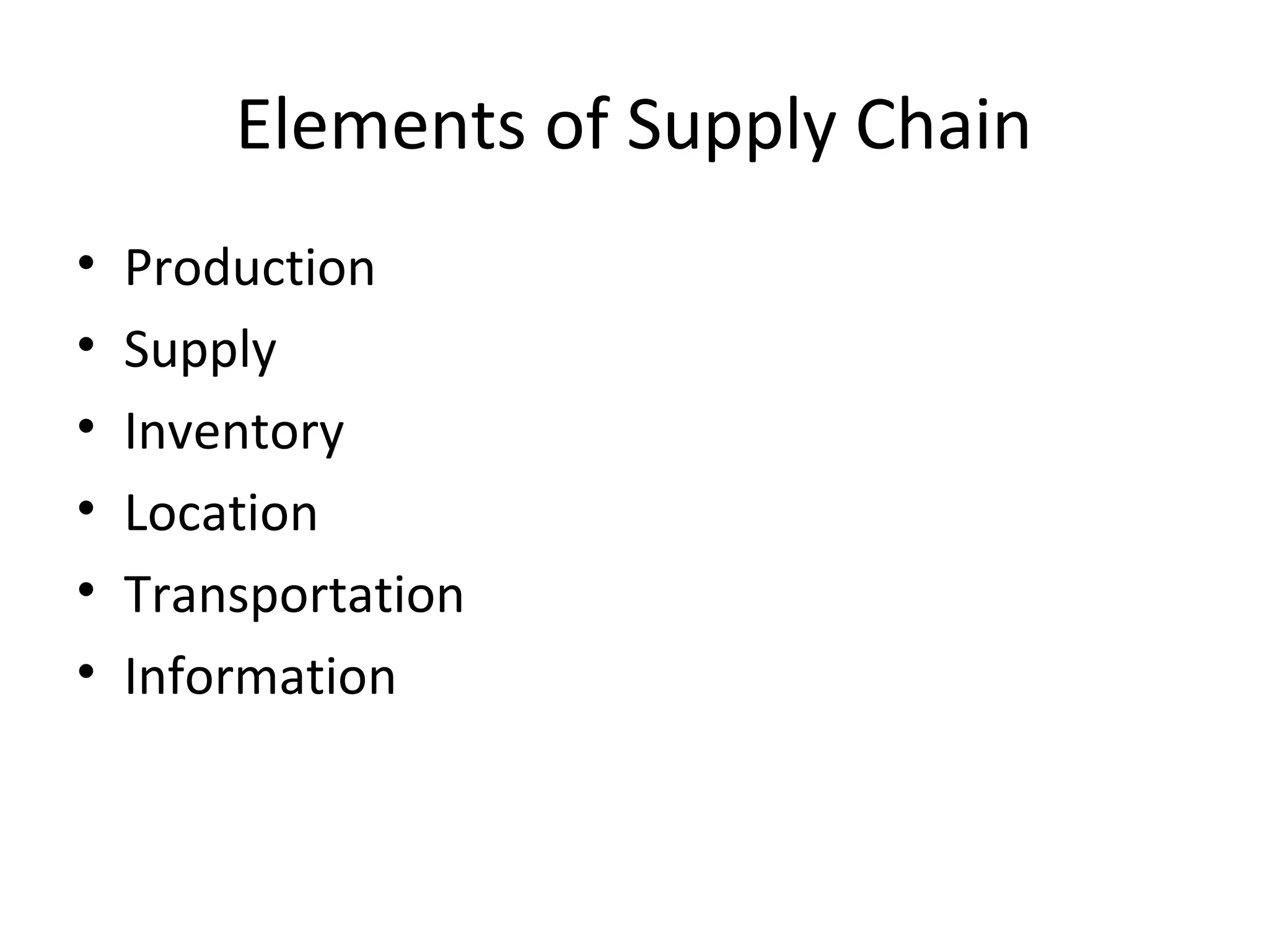 Elements of Supply Chain
•   Production
•   Supply
•   Inventory
•   Location
•   Transportation
•   Information
 