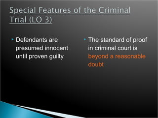    Defendants are           The standard of proof
    presumed innocent         in criminal court is
    until proven guilty       beyond a reasonable
                              doubt
 