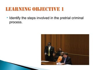    Identify the steps involved in the pretrial criminal
    process.
 