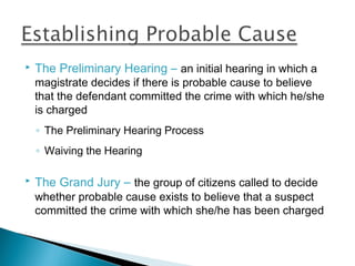    The Preliminary Hearing – an initial hearing in which a
    magistrate decides if there is probable cause to believe
    that the defendant committed the crime with which he/she
    is charged
    ◦ The Preliminary Hearing Process
    ◦ Waiving the Hearing

   The Grand Jury – the group of citizens called to decide
    whether probable cause exists to believe that a suspect
    committed the crime with which she/he has been charged
 