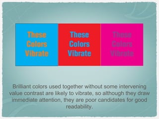 Brilliant colors used together without some intervening
value contrast are likely to vibrate, so although they draw
 immediate attention, they are poor candidates for good
                          readability.
 