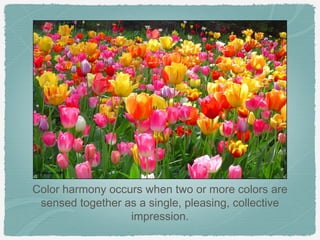 Color harmony occurs when two or more colors are
 sensed together as a single, pleasing, collective
                  impression.
 