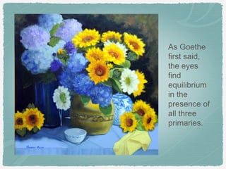 As Goethe
first said,
the eyes
find
equilibrium
in the
presence of
all three
primaries.
 