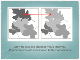 Only the oak leaf changes value intervals.
All other leaves are identical on both compositions.
 